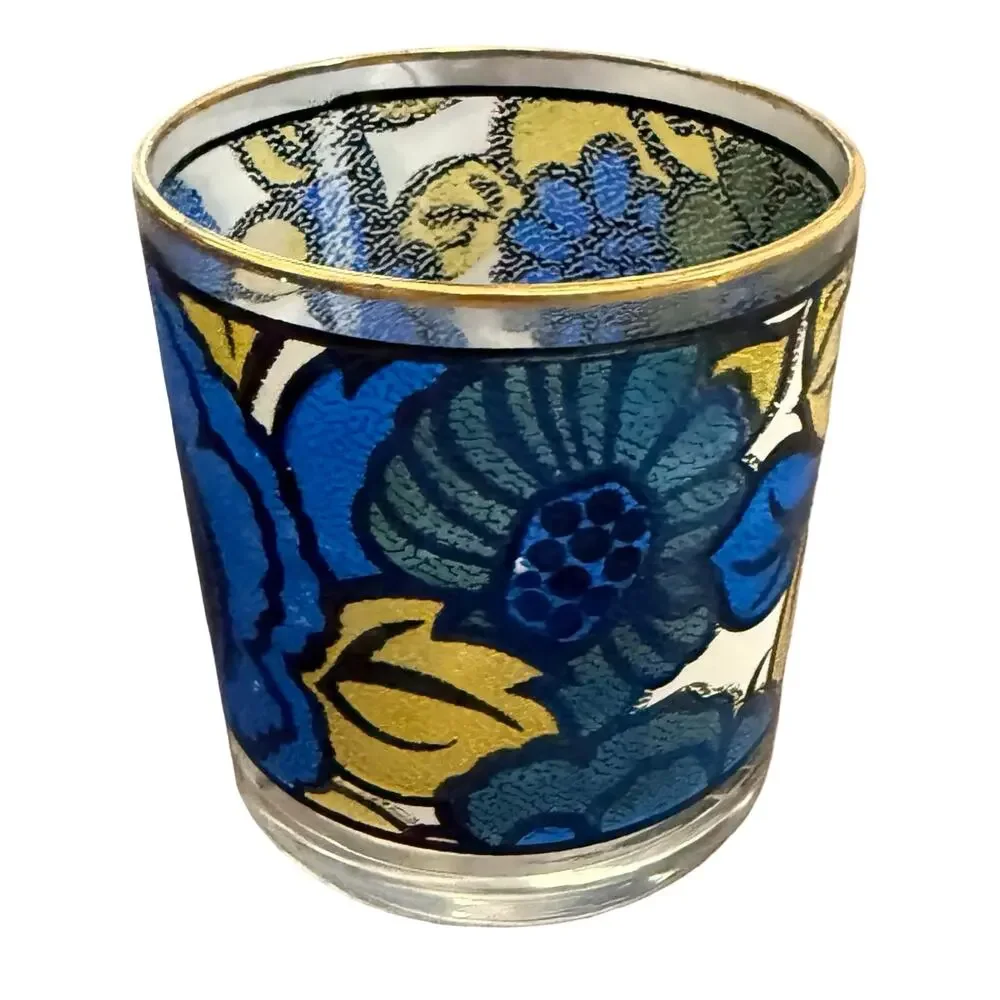 Vintage 1960s CCC Hazel Atlas Blue Yellow Floral Faux Stained Glass Set of 5 - Picture 13 of 16